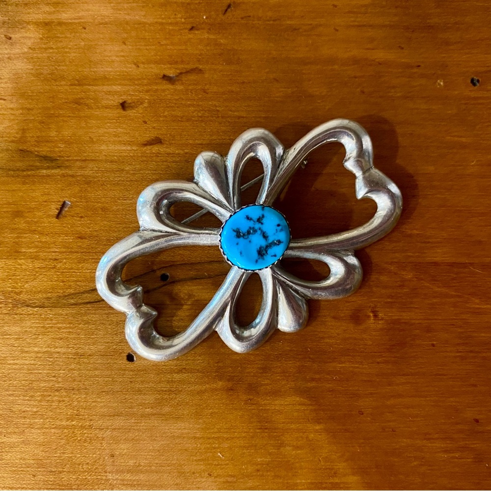 Vintage Navajo Turquoise Sandcast Sterling Silver Brooch